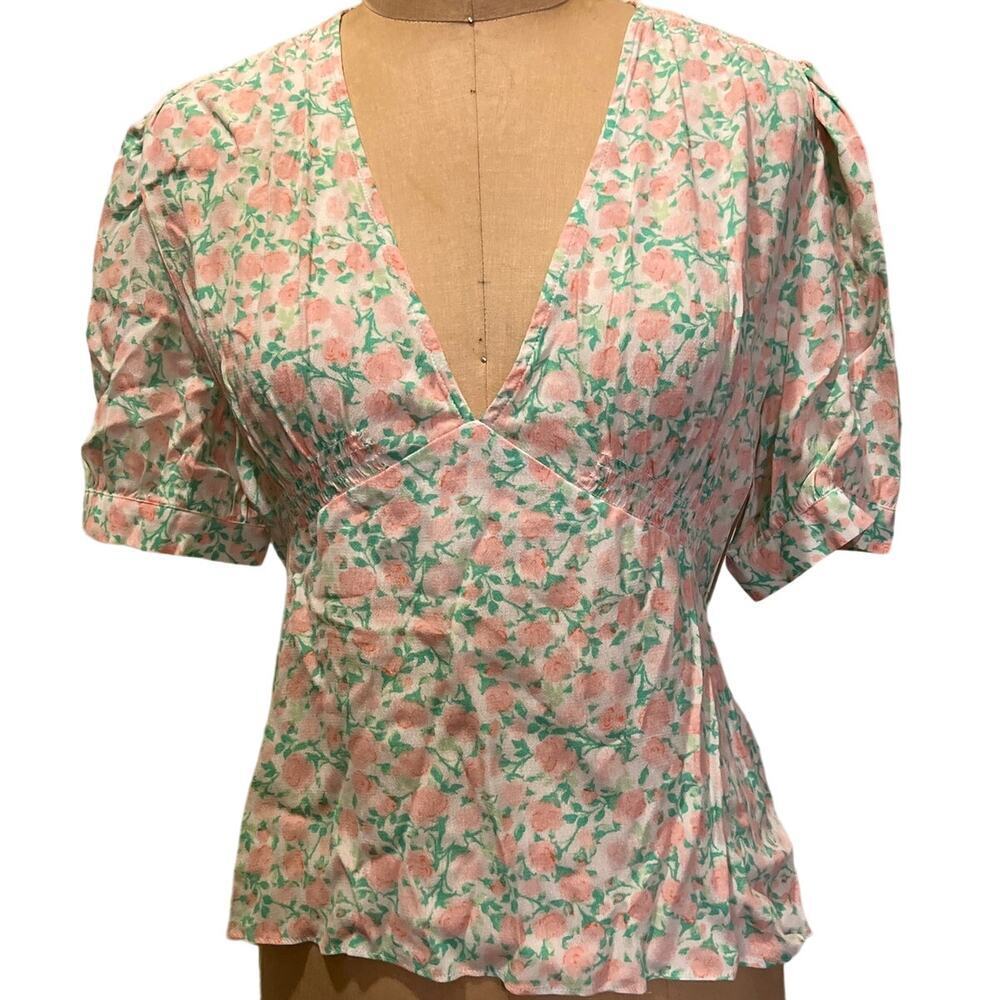Sophie Rue Floral Print Tie Back Peplum Deep Front V-Neck Blouse Top NWT Size L